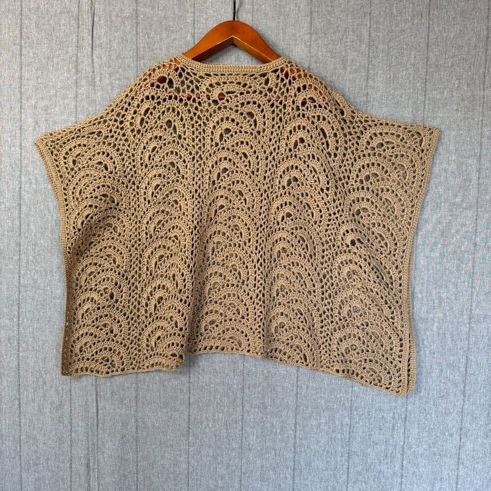 Tan Camel Crochet High Collar Pull Over Side Snap Closure Coastal Boho Poncho - Picture 6 of 12